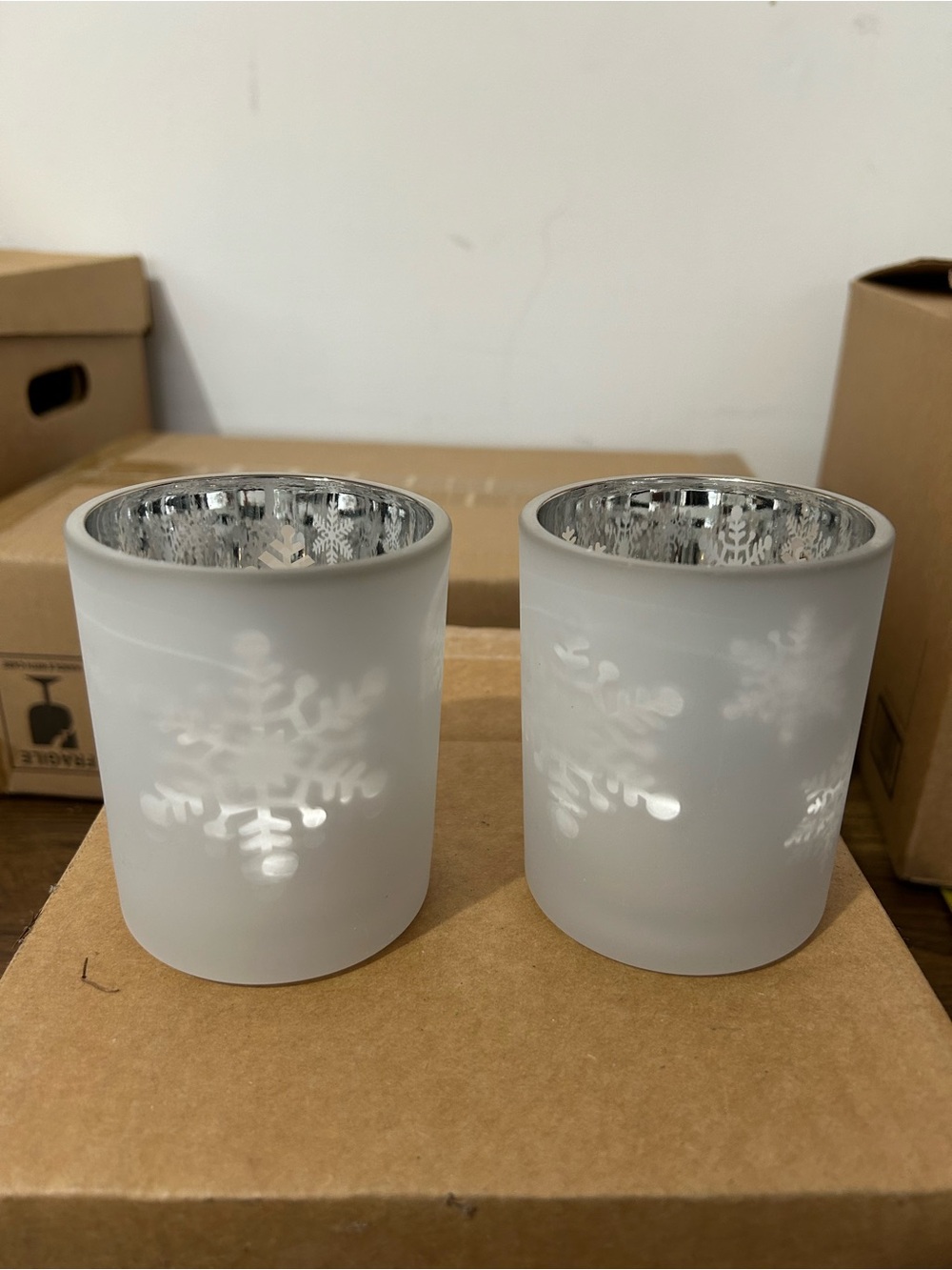 Frosted Snowflake Glass Tealight Holders - White (Set of 2)